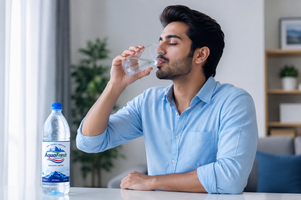 Man drinking refreshing Aqua Fresh water